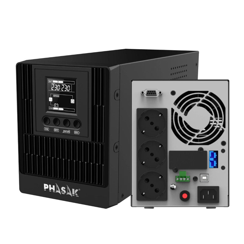 Phasak UPS Online 1000VA Online LCD 1000VA-900W 3 Salidas Formato Tower