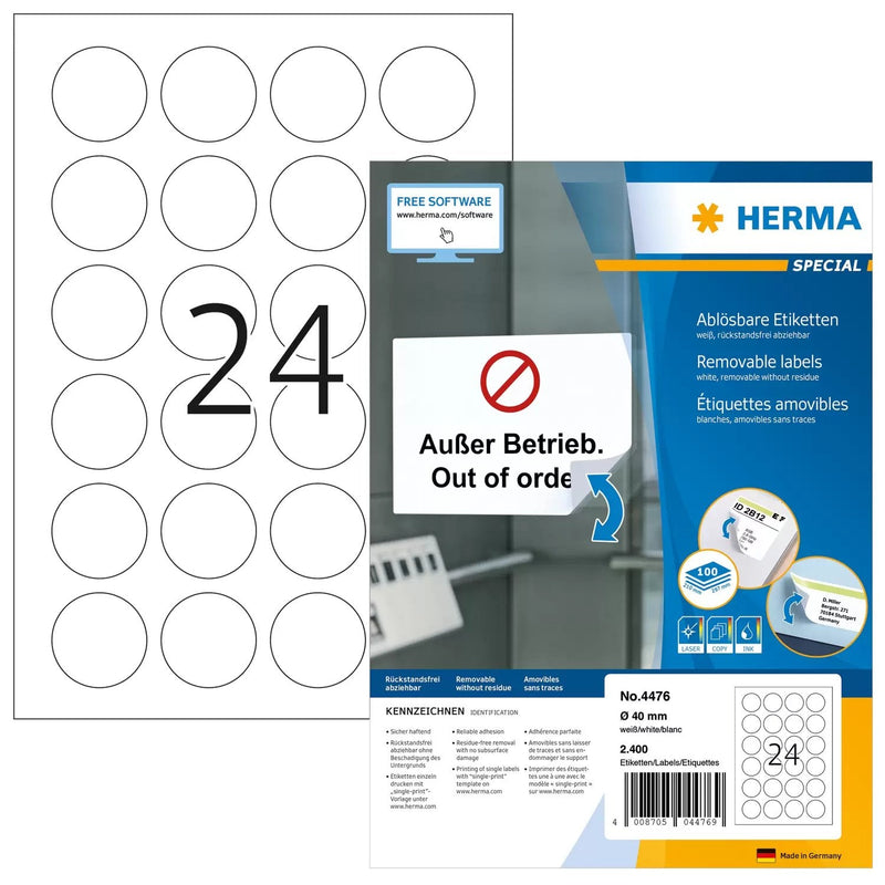 Herma Removable Round Labels 40 100 Sheet Din A4 2400 Pcs. 4476 Etqiuetas