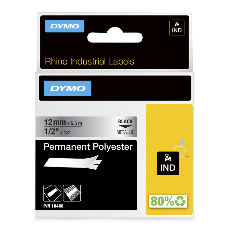 Dymo Rhino Tape Labels Industrial Adhesiva ID1-12, Black Sobre Silver 12MMX5'5M, Poliester (S0718180)