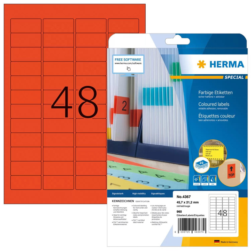 Herma Labels A4 Red 45,7X21,2MM Paper Matte 960 Units