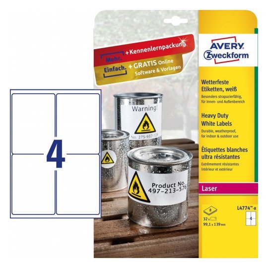 Avery Labels Extra Resistentes 99,1X139MM Láser 4 X 8H Poliéster White