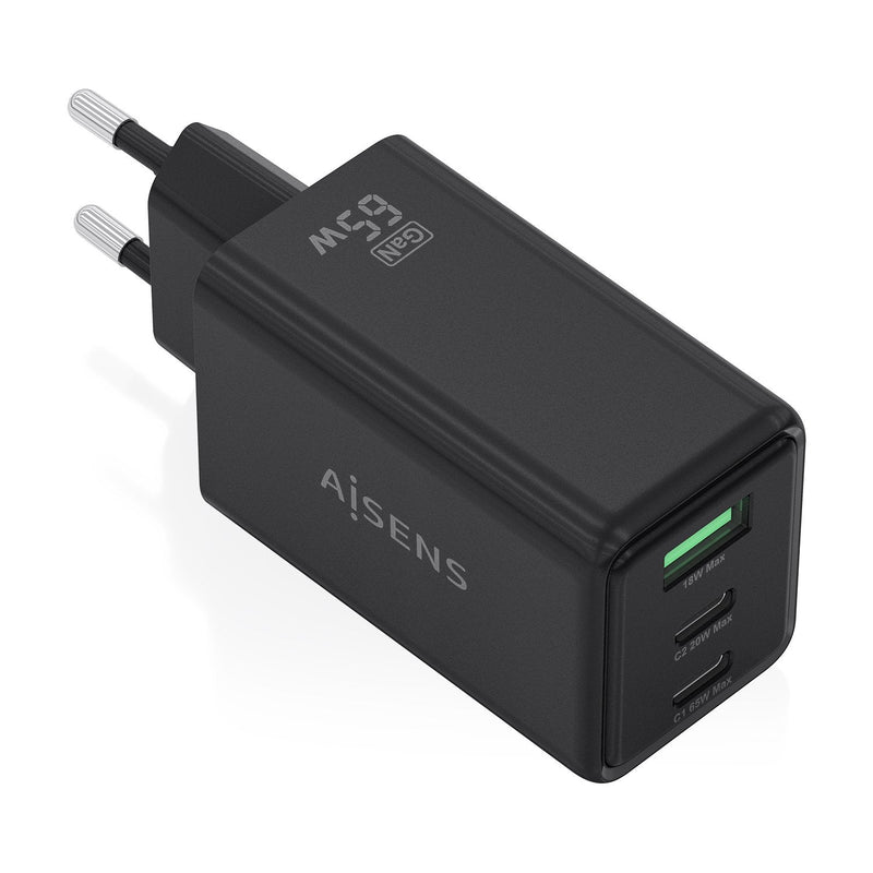 Aisens Charger GaN 65W, 2x USB-C PD 3.0 QC4.0, 1x USB-A QC3.0, Black