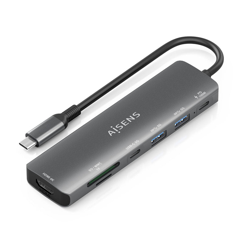Aisens USB-C Dock 7 1, USB-C a 1x HDMI, 2x USB-A, 1x USB-C, 1x USB-C Pd 100W, 1XSD, 1XMICRO Sd, Grey 15CM