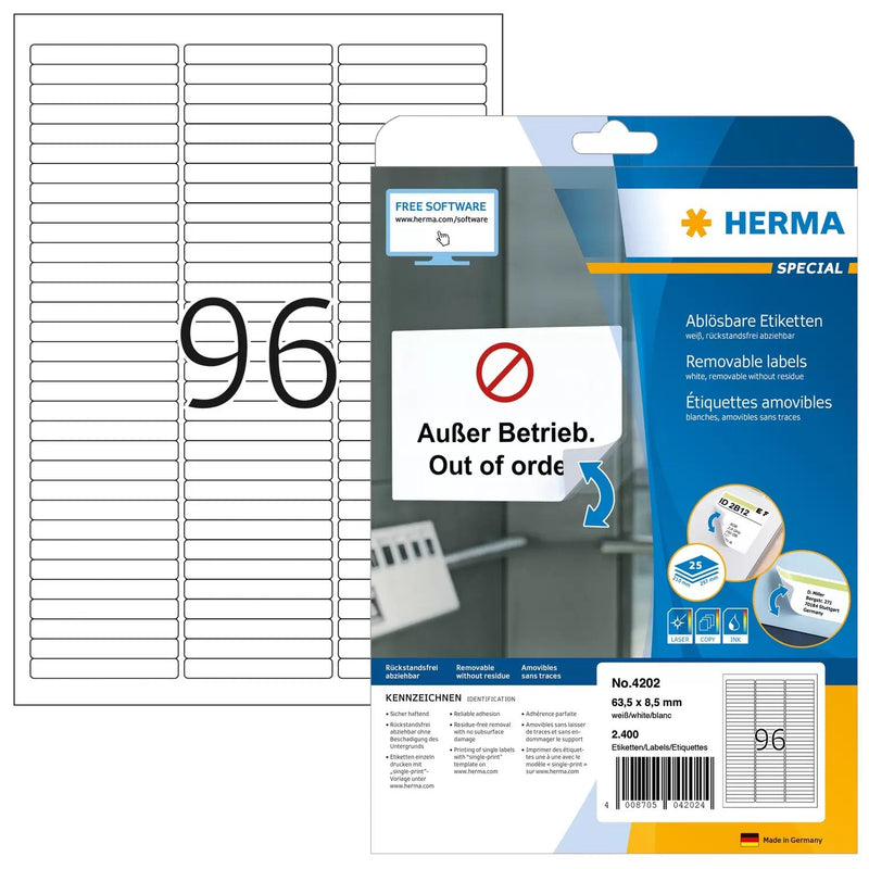 Herma Labels A4 White 63,5X8,5MM Removable Paper 2400 Pieces