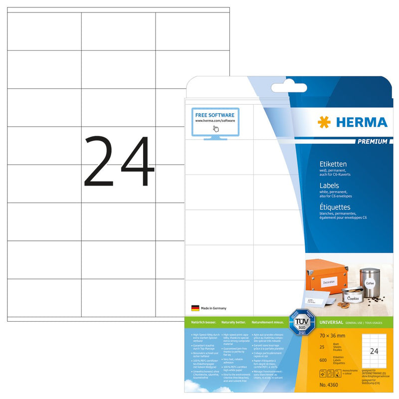 Herma Labels 70X36 25 Sheets Din A4 600 Pcs. 4360 Labels