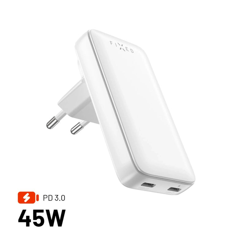 Fixed Slim Traveller 2x USB-C Travel Charger With World Adapters, GaN, 45W, White