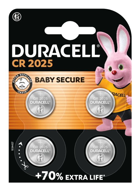 Duracell Battery Button Litio CR2025, 3V Pack 4 Batteries