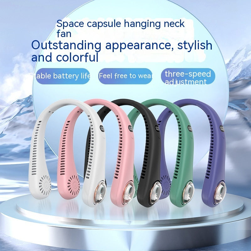 Cartoon Digital Display Hanging Neck Fan Portable Lazy Silicone Blade-free Little Fan
