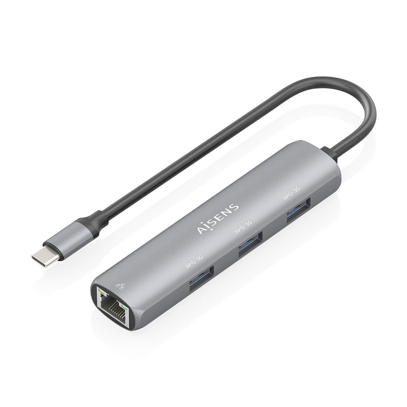 Aisens Dock USB-C a Ethernet Gigabit + Hub 3x USB-A, Grey 15CM