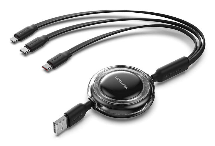 Vention USB Cable Retractable Trjbbe USB Male Lightning 2x USB Type-c Up To 17.5W 10Gbps 1.1M Black