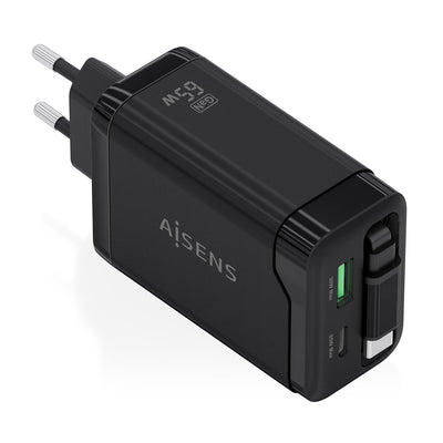 Aisens Charger GaN 65W, 1x USB-C Cable Retractable 1x USB-C PD 3.0, 1x USB-A QC3.0, Black — image 1