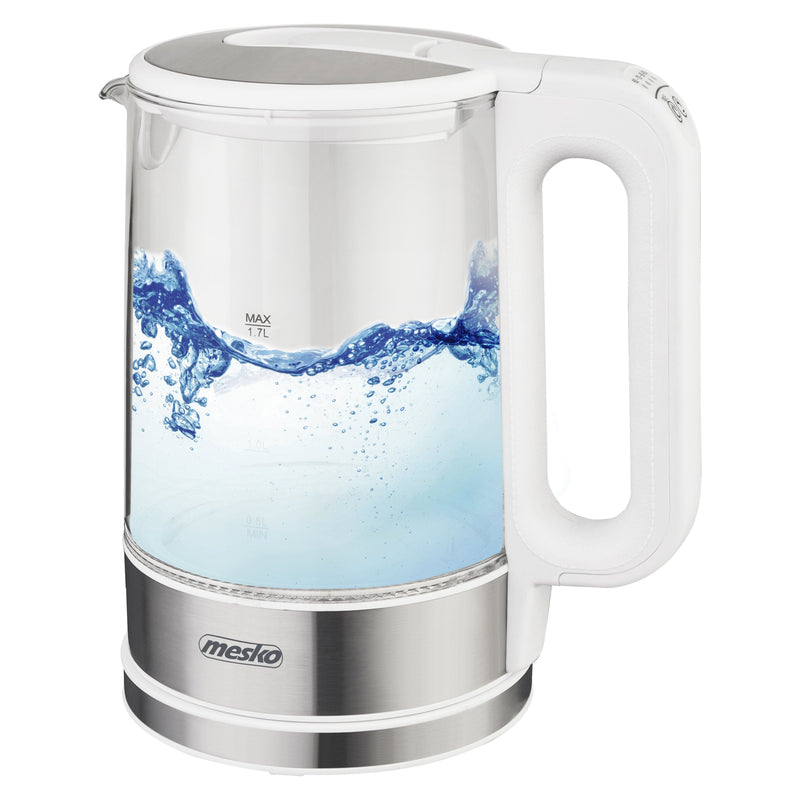 Mesko Kettle Water Ms 1301W Elã©ctrico, 1850W, 1,7 L, Glass/Steel Inoxidable, Base Giratoria 360Â°, White