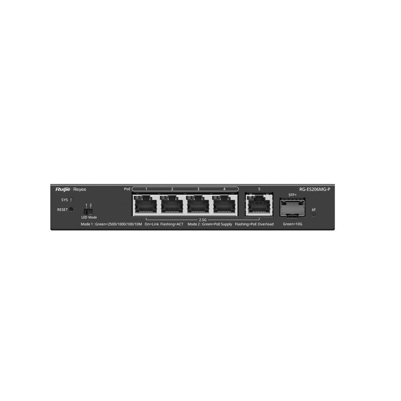 Ruijie Switch Gestionable L2 RG-ES206MG-P 6P 5x RJ45 2.5GB 1XSFP 10GE 4XPOE 70W Gestion Nube