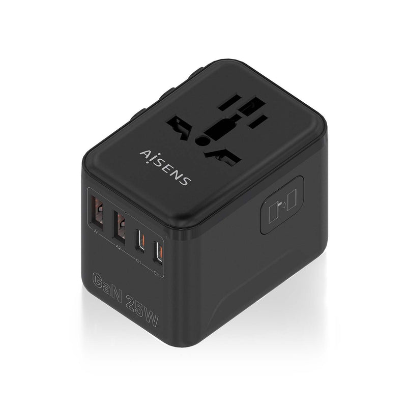 Aisens Adapter Plug Universal Travel Eu/Usa/Uk/Au With Charger USB GaN, 2x USB-A QC3.0, 2x USB-C PD 3.0 25W, B