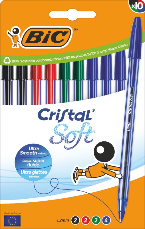 Bic Glass Soft Pack 10 Pens Bola - Punta Media 1.2MM - Trazo 0.45MM - Escritura Mas Fluida - Colours