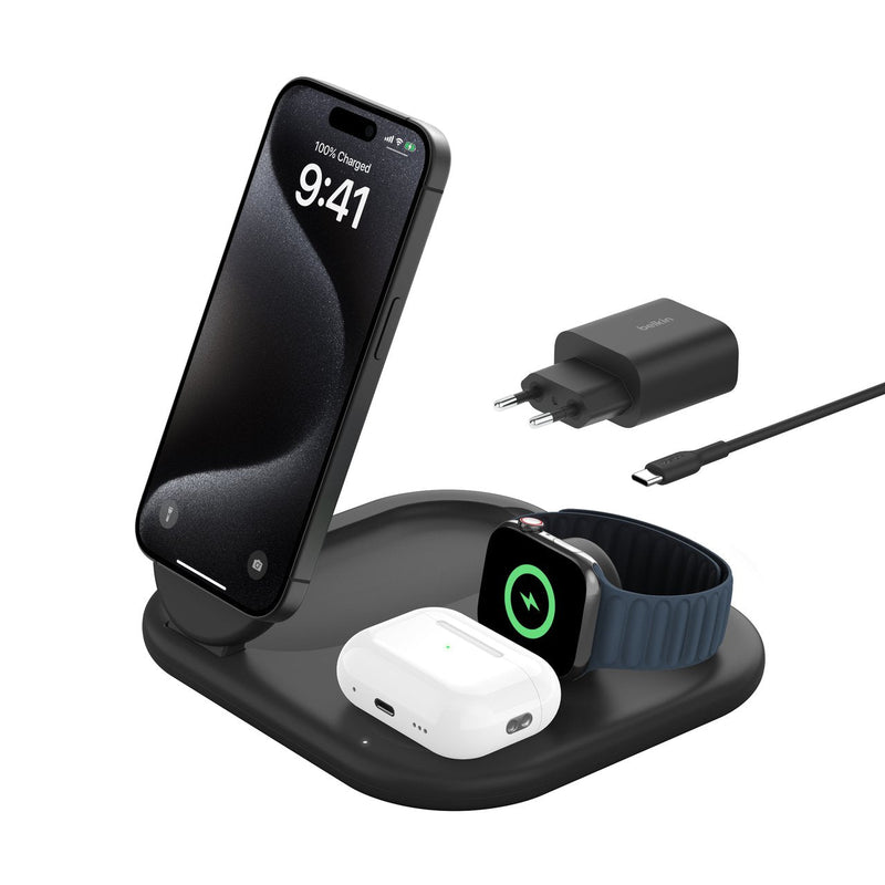 Belkin 3-IN-1 Base Charging Wireless Magnetic Foldable With QI2 + Power Adapter Ca 15 Watts Fast Charge Black