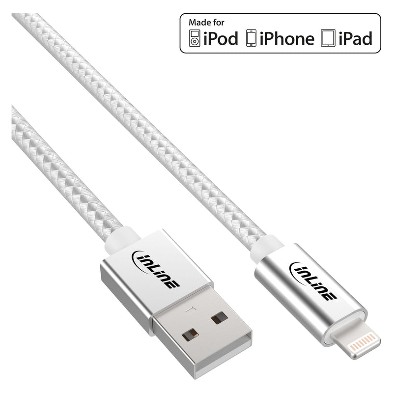 Inline USB Cable Lightning Ipad Iphone Ipod Silver 2M Certificado Mfi