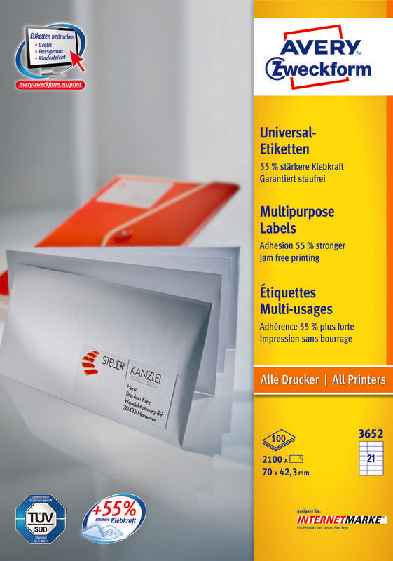 Avery 3652Z Label Self-adhesive Rectángulo White 2100 Pieces 70 X 42,3MM, A4