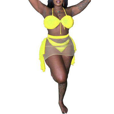 Halter-neck Lace Trim Swimsuit Three-piece Set