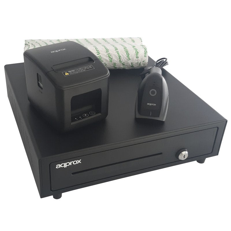 Approx Kit Tpv Cash Drawer APPCASH01 Black + Reader/Scanner APPLS22 + Printer Thermal APPPOS80AM-USB + Pack Ro
