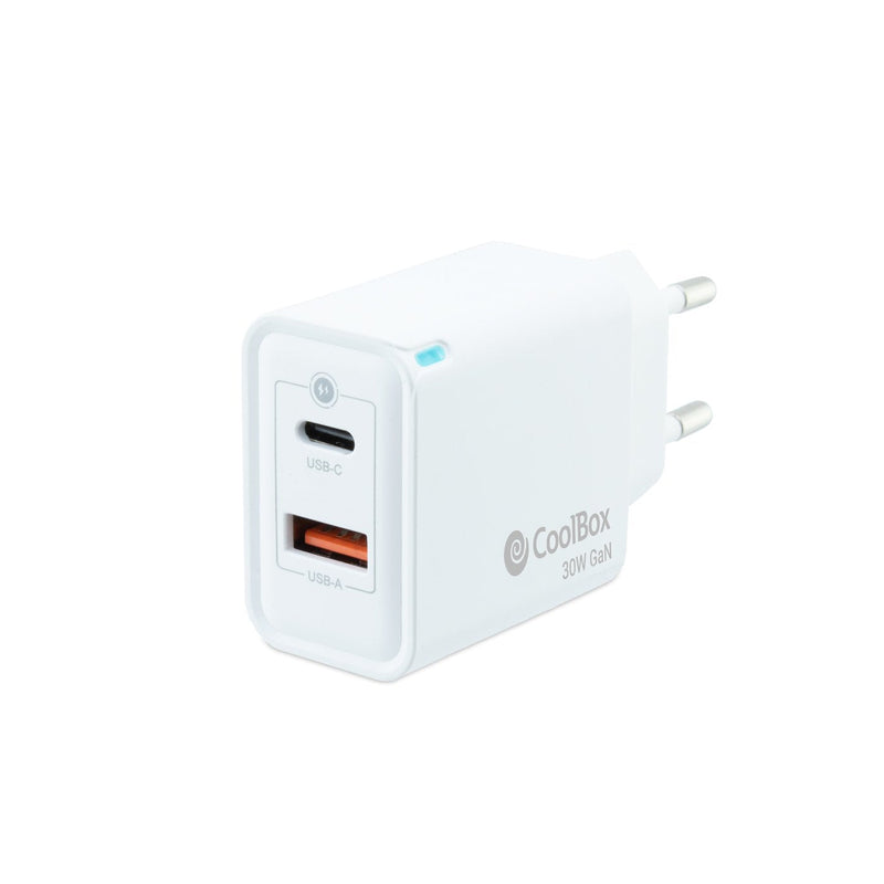 Coolbox Charger Wall/Travel 3.0 GaN USB-C/Pd + USB-A 30W White Máximo 30W/ 1x USB-C. 1x USB-A/ Quickcharge 3.0