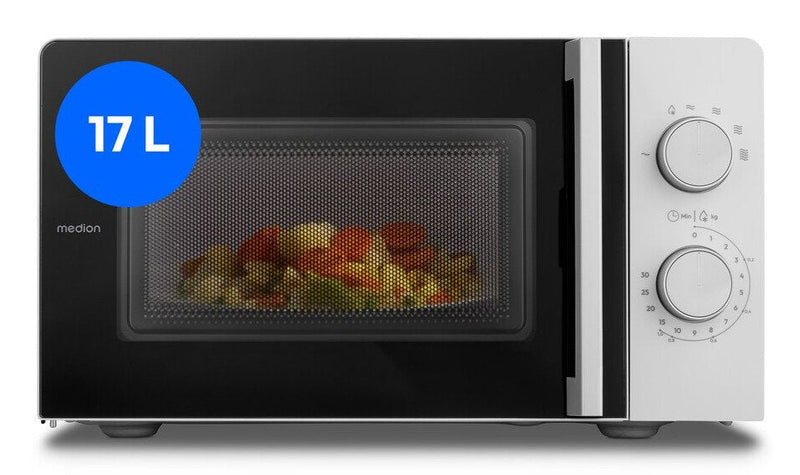 Medion Microwave Compacta (20 Litros, 700 Watts Design Que Ahorra Espacio, 5 Niveles Power Función Descongelac
