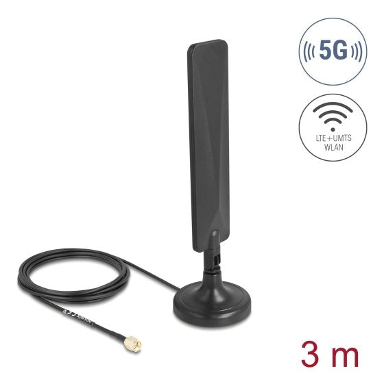 Delock 5G LTE Antenna Sma Connector Male 3 dBi Omnidirektional With Cable Connection RG-174 3M With Kippgelenk