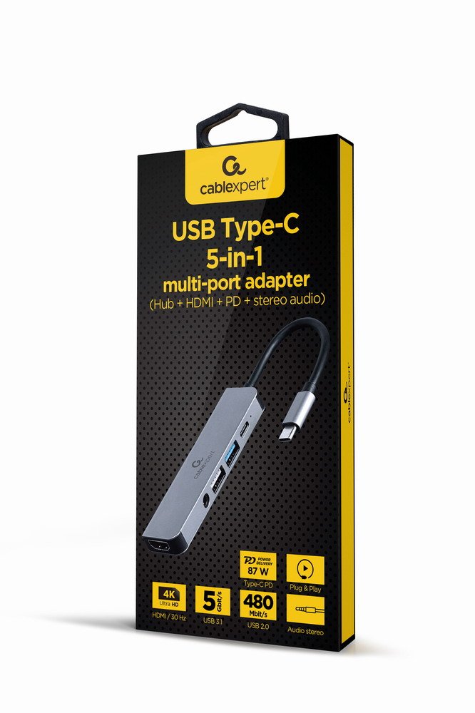 Gembird Hub A-CM-COMBO5-02 Multi Port Adapter USB Type-c 5IN1 + HDMI + Pd + Stereo Audio