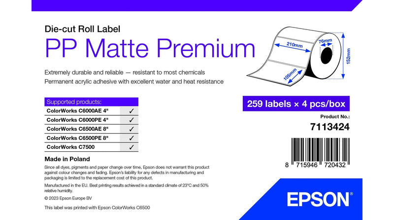 Label Pp Matte Label Prem Die-cut Supl Roll 105X210MM 259 Labels
