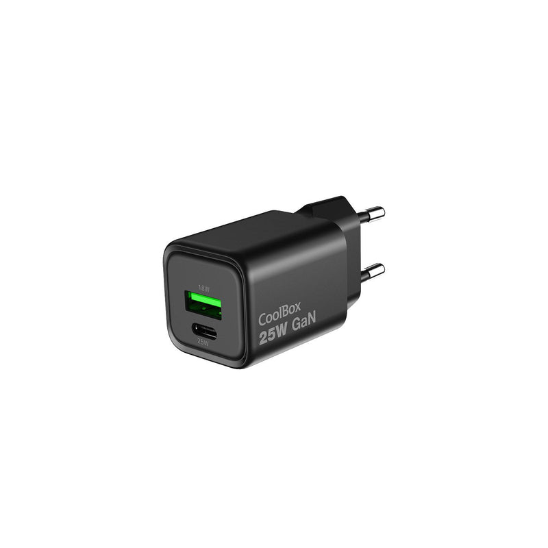 Coolbox Charger GaN 25W - 1x USB-C - 1x USB-A - Charging Fast 3.0 - Power Delivery - Black