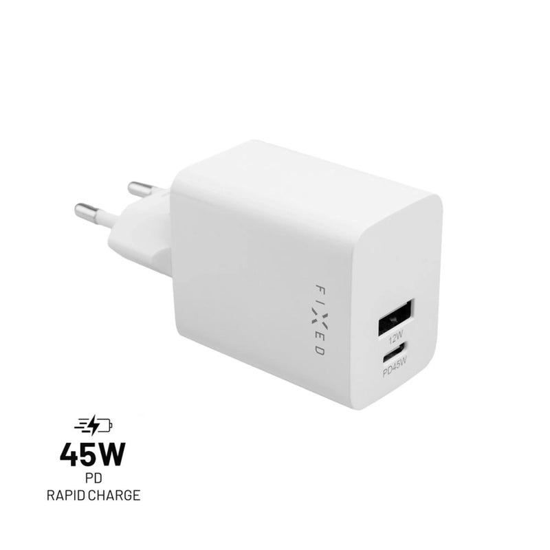 Travel Charger Mini USB-C/USB Fixed 45W, Bialy