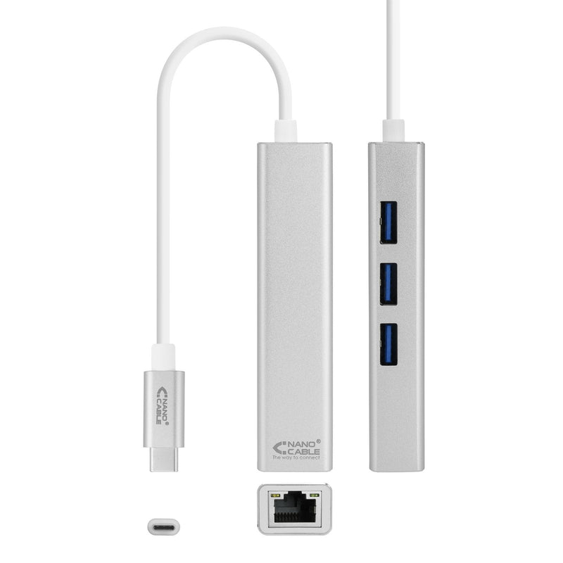 Nanocable Converter USB-C a Ethernet Gigabit + 3x USB 3.0 - Aluminium - 15CM - Silver