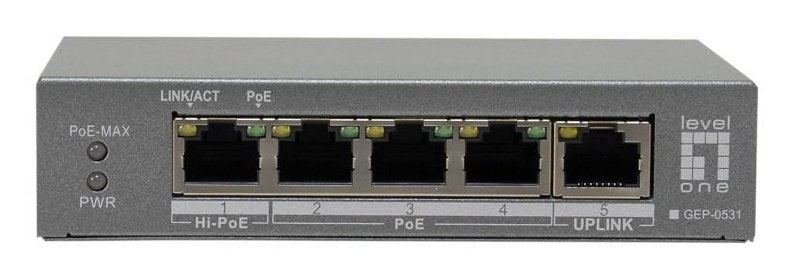 Levelone PoE + Switch 3XGE PoE/1XHI-PoE 60W Unmanaged Plastic