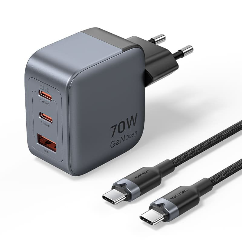 Vention Pared Cargador - 70W - GaN - Cable 1M Included - 2x USB-C - USB-A - Charging Fast Pd - Tecnologia Pps -