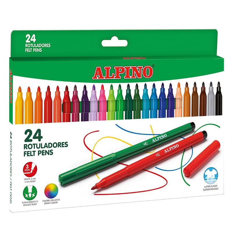 Alpino Pack 24 Markers Escolares - Punta Fina 3MM - Superlavables And Brillantes - Desarrolla Creatividad - Co