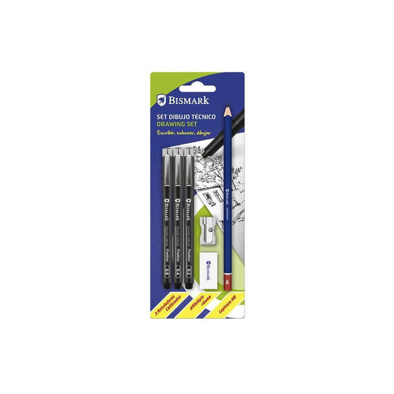Bismark Pack School With 3 Markers Calibrados Colour Black 0.2, 0.4, 0.8MM, Lapicero Hb, Rubber Afilalapiz