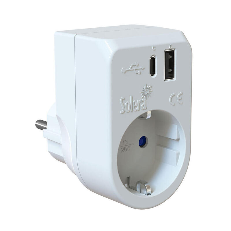 Solera Adapter 2P + T, 16A 250V. + USB a + Usbc 3A 5VDC. 860USBAC