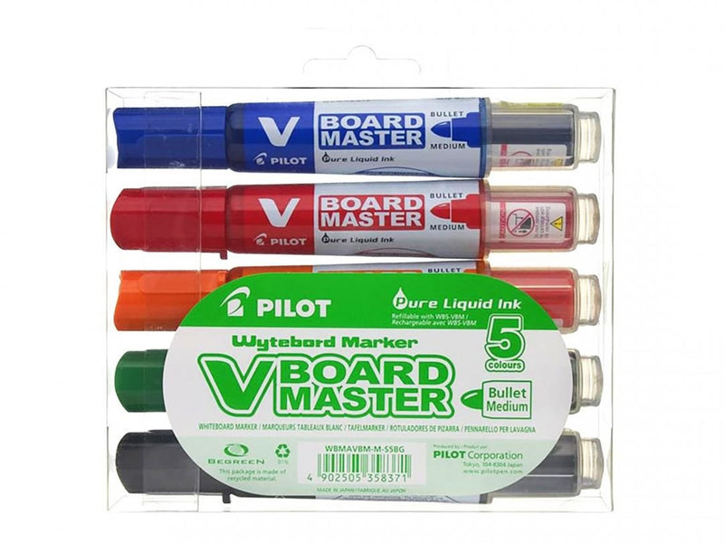 Pilot V-board Master Begreen Pack 5 Markers Whiteboard White - Punta Redonda 6MM - Trazo 2.3MM - 91% Plastic