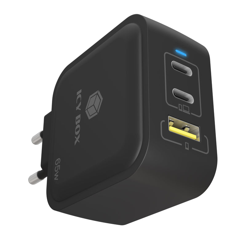 Icy Box Charger Enchufable 3 Ports IB-PS103-PD, USB-A + 2x USB-C Black PD 3.0 65W + Qc 3.0 36W 61115