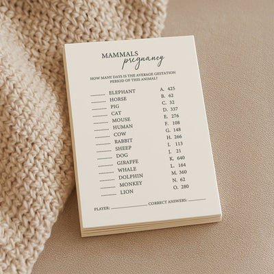 Baby Shower Game Cards - Mammals Trivia