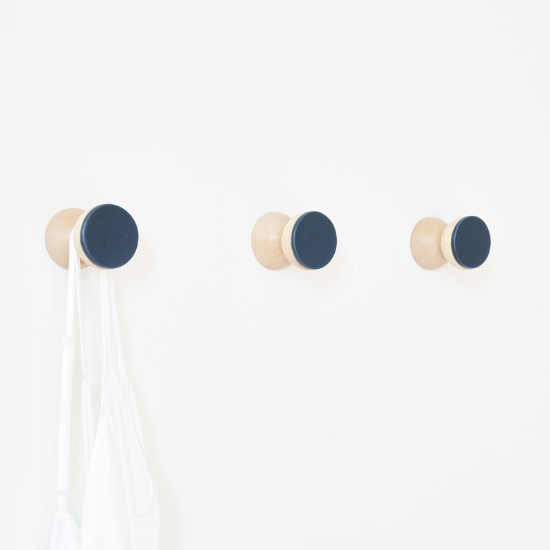 Beech Wood & Ceramic Wall Hook / Knob - Dark Blue