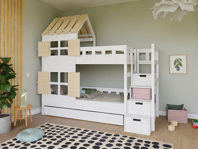 COTTAGE Bunk Bed with Half Roof and Storage Stairs – 90 × 200 cm