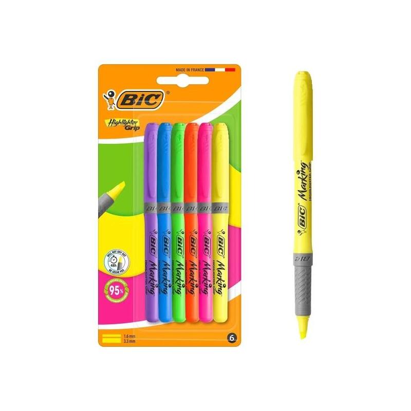 Bic Highlighter Grip Pack With 6 Marcadores Fluorescentes - Punta Biselada - Trazo Entre 1.60 And 3.30MM - Gri