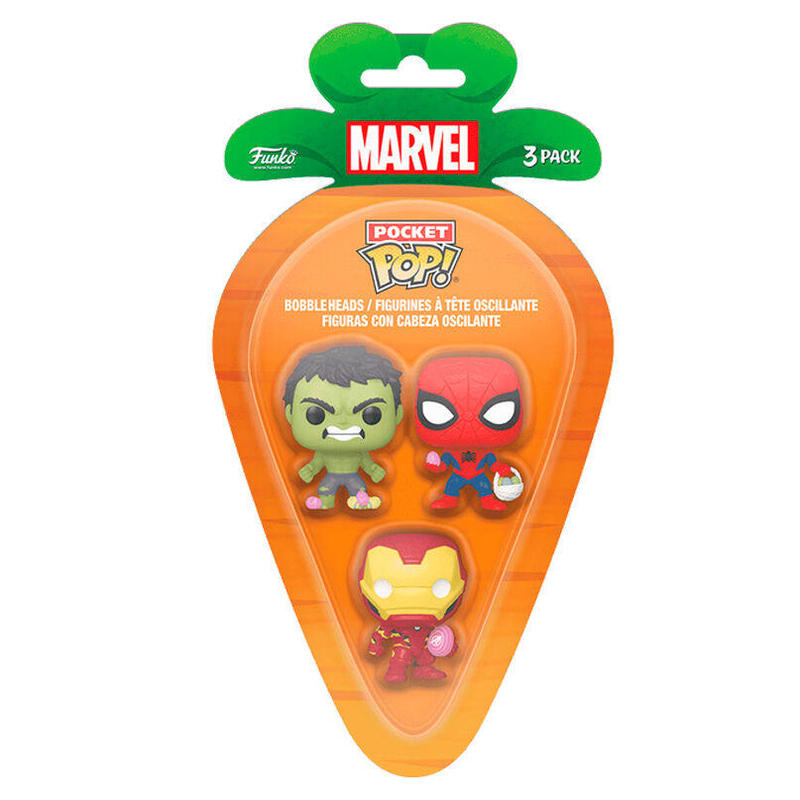 Blíster 3 Figuras Carrot Pocket Pop Marvel Spiderman Hulk Iron Man