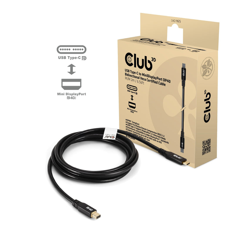 Cable CLUB3D CAC-1561 DisplayPort 2M Mini DisplayPort USB Type-c Black