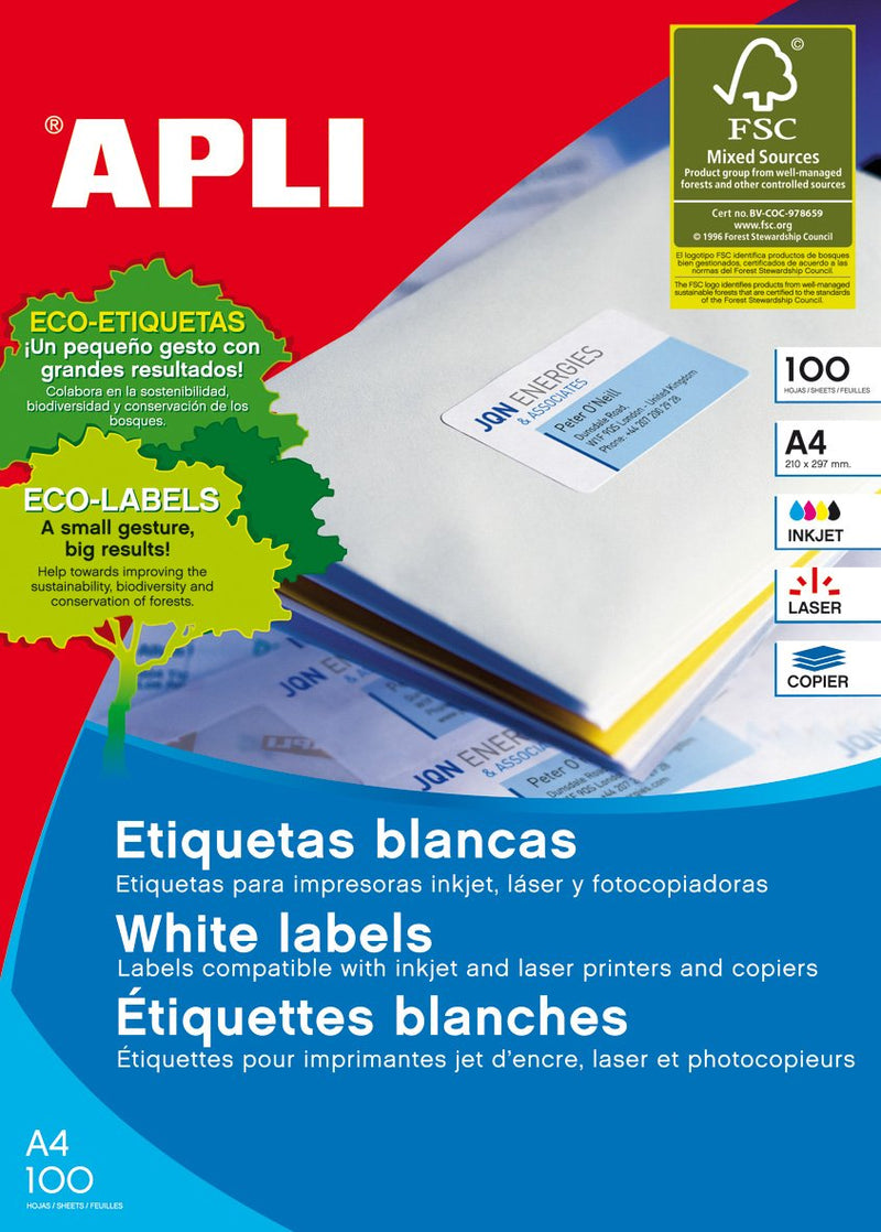 Apli Labels Printers Inkjet, Laser A4 100 Hojas White 105 X 74