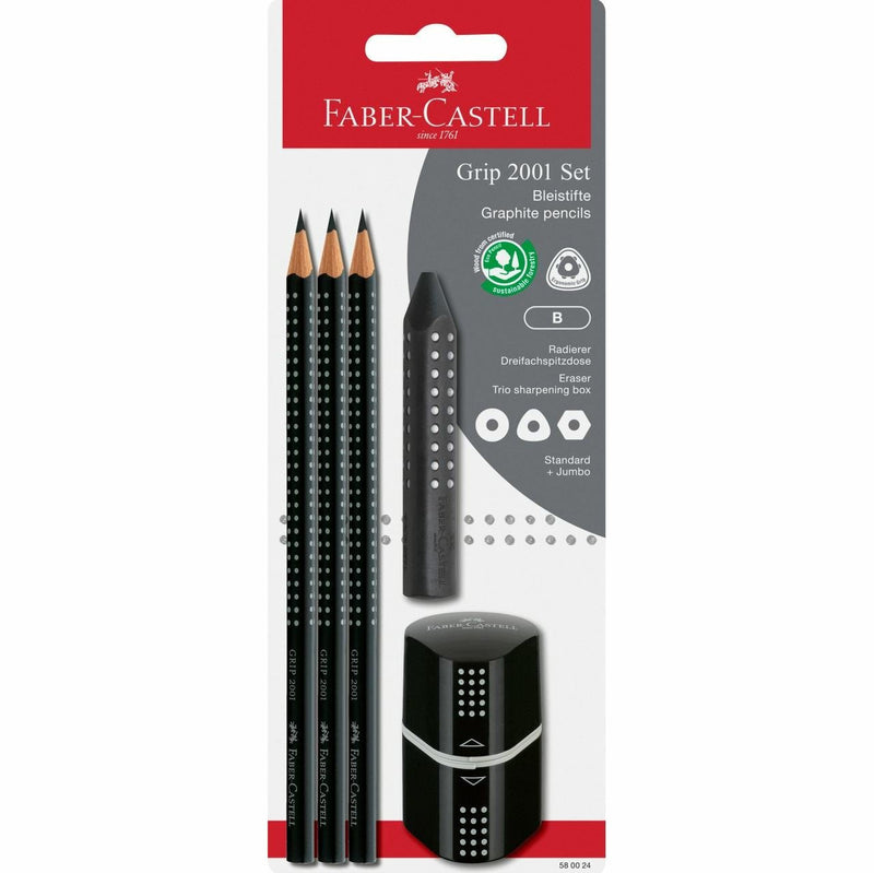 Faber-castell 580024 - Set Of Pencils Grip 2001, 5 Pieces With 3 Pencils Rubber Borrar And Sacapuntas, Black