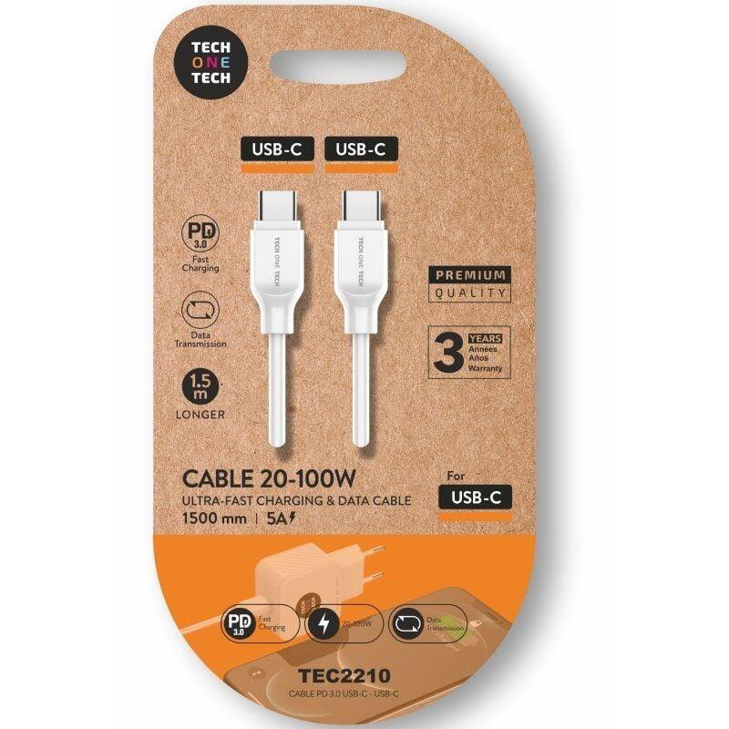 Tech One Tech USB Cable 2.0 Type-c TEC2210 USB Type-c Male USB Type-c Male Up To 100W 480Mbps 1.5M White