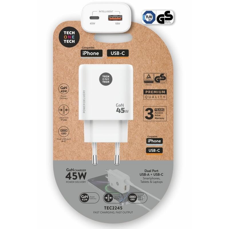 Tech One Tech Wall Charger GaN TEC2245 1x USB Type-c 1x USB 45W