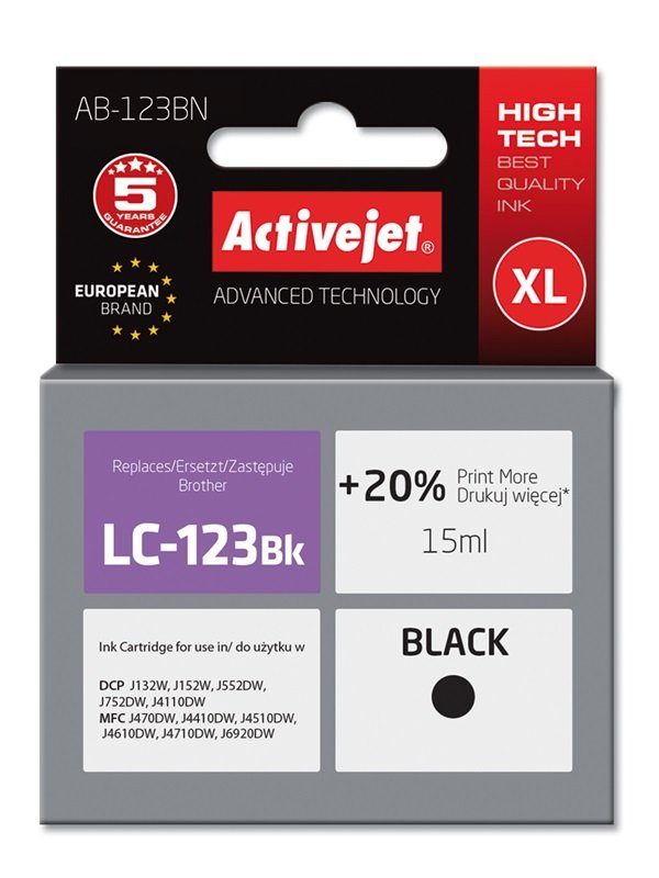 Activejet Ink AB-123BN (reemplazo Brother LC123BK / 121BK - Supreme - 15ML - Black